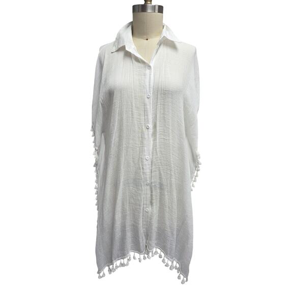 Rachel Zoe Button Down Cover Up Ball Fringe One Size Excellent Condition - Picture 1 of 5